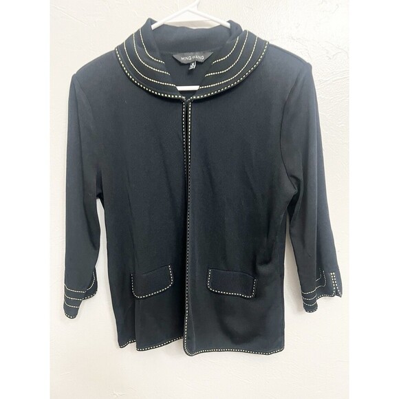 Ming Wang Black w green stitching Cardigan Jacket Travel Acrylic Top Boxy Medium - Picture 8 of 8